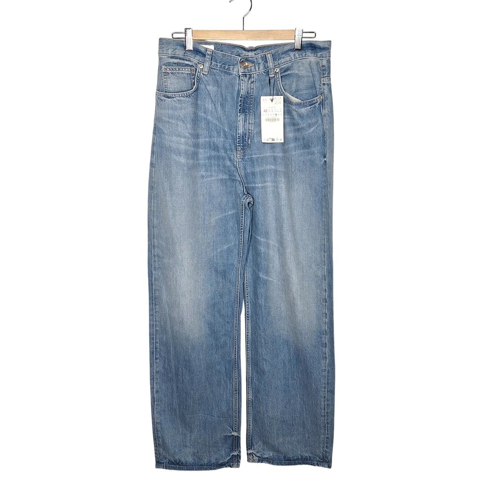 Zara Feminine Tapered Jeans 10 High Rise Full Length Medium Rinse Whiskering NEW